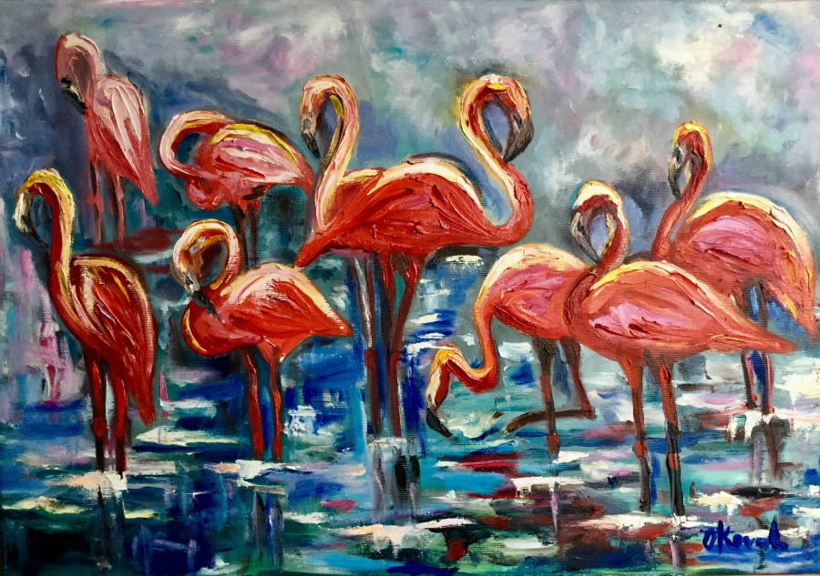 Orange flamingos. Foggy morning by Olga Koval