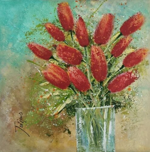 Vase with tulips II, painting, by Cinzia Mancini