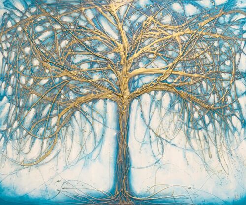 Painting of gold and turquoise, teal tree.