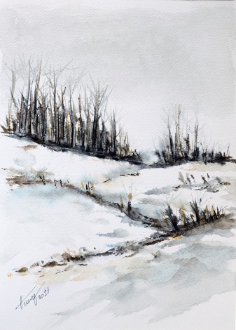 Melting snow watercolor painting on paper