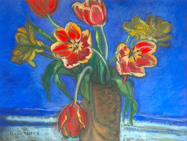 red tulips and blue background