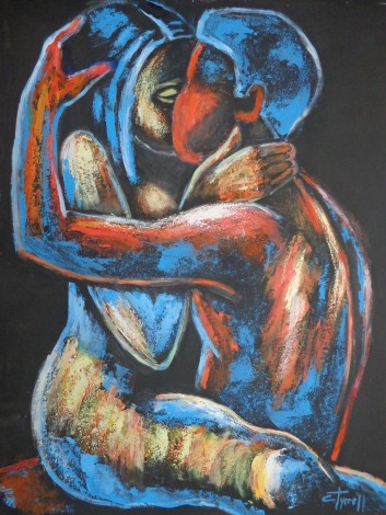 painting of man and woman kissing 