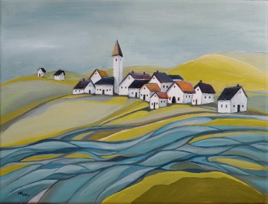 Village by the River - oil on canvas