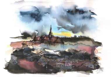 The Sinking Village watercolor and ink on paper