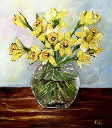 Bouquet of daffodils #4 on wooden table.