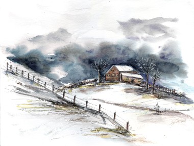 Winter Clouds watercolor painting on paper