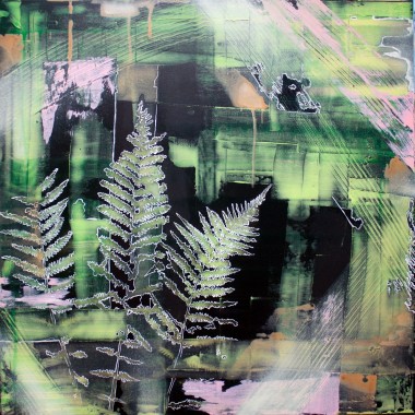 Abstract with fern in green and pink, painting, ferns, nature, plants, emotional, contemporary art