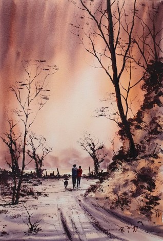 Before the Storm - Original watercolour painted by Ricky Figg - Walking the dog in the woods