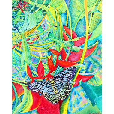 Tropical Butterfly & Lobster Claw oil painting by British Artist Elizabeth Sadler
