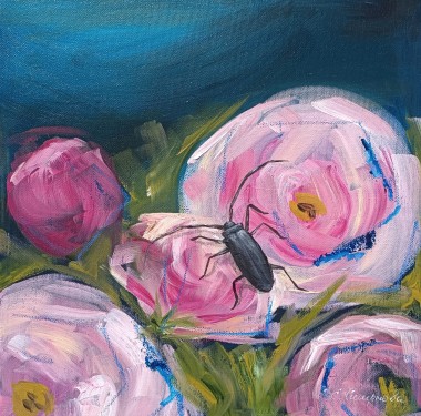 Pink Roses On Blue