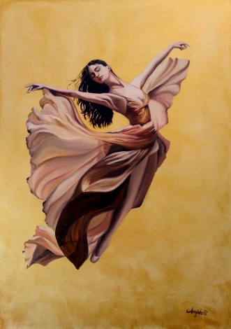 Portrait of a dancer made with oil colors on a golden background 