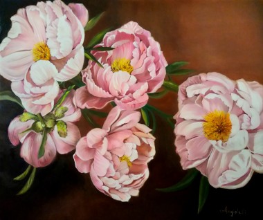 Delicate pink peonies, painted with oil colors on canvas