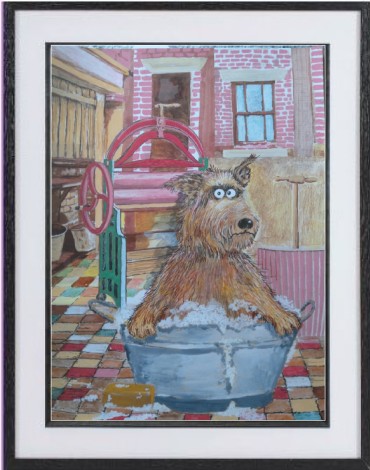 dog in bath framed