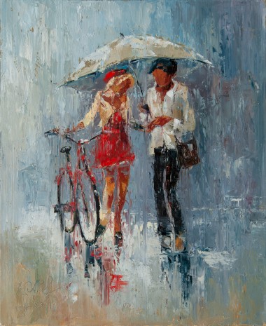 umbrella, rain, couple, running, city, town, street, raining, love, red, dress, girl, boy, bike, date, meeting