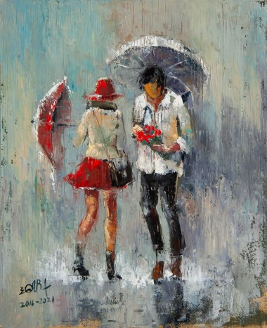 umbrella, rain, couple, running, city, town, street, raining, love, red, dress, girl, boy, bike, date, meeting, seasons, spring, autumn