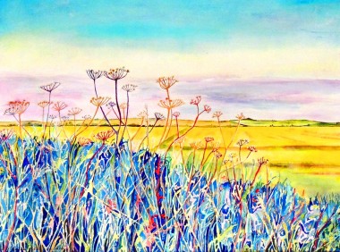 Colourful Summer LandscapeWatercolour Painting by UK Artist Elizabeth Sadler