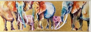 Family Bubble.  Contemporary wildlife watercolour painting of  endangered African elephants in a rich setting.