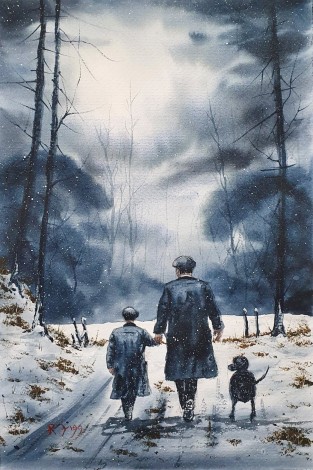Father And Son - Original watercolour painted by Ricky Figg.
Walking the dog