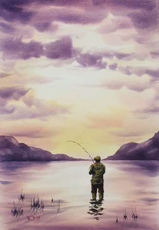 Fisherman Fishing At Sunset