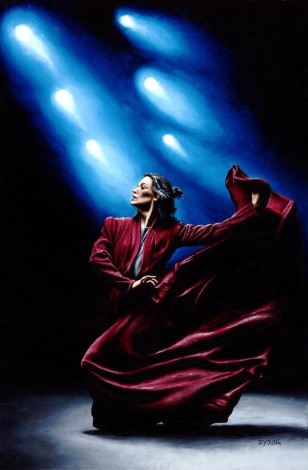 Fine art original oil painting of a beautiful, pasionate, flamenco dancer on stage