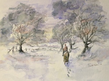 Horse ride in the snow Watercolour and ink painting by David Mather
