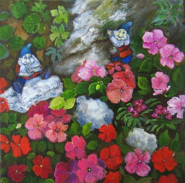 small canvas painting in acrylic of gnomes and busy lizzies by Maureen Greenwood