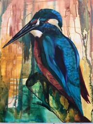 Kingfisher mixed media painting in inks and acrylic