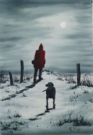 Out With The Boy - Original watercolour by Ricky Figg - Walking the dog