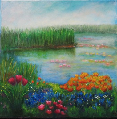 canvas oil painting of a lily pond by Maureen Greenwood