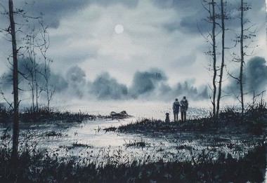 Valentine Lovers Lake - Original Watercolour by Ricky Figg - Walking the dog
