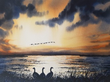 Night Geese - Original watercolour painted by Ricky Figg -  Geese over the lake