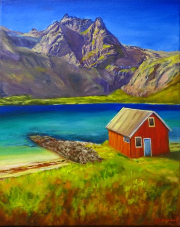 Canvas oil painting of a Norwegian scene by Maureen Greenwood