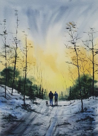 Out At Sunrise - Watercolour by Ricky Figg - Walking the dog at sunrise