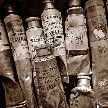 b/w photo of vintage oil paint tubes