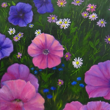 anvas oil painting of petunias by Maureen Greenwood