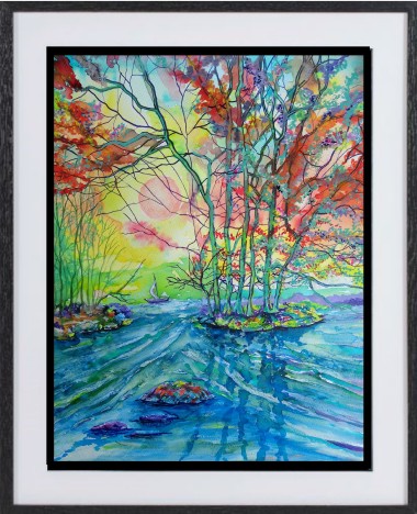 framed painting of lake, rapids, trees landscape