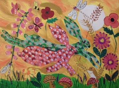 Quirky hares leaping among the colourful flowers and Butterflies