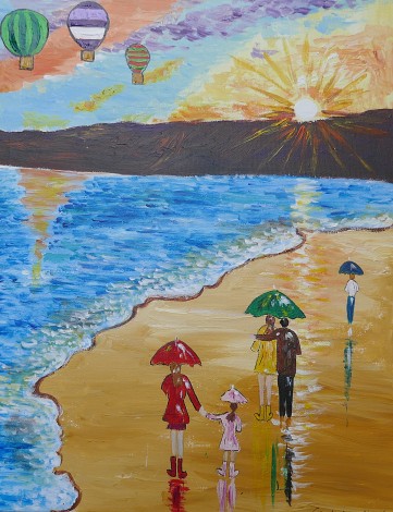 Colourful Umbrellas and a Sunset Seascape