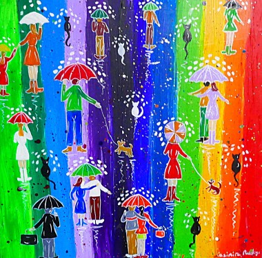 Raindrops  on Colourful Umbrellas  & Cats!