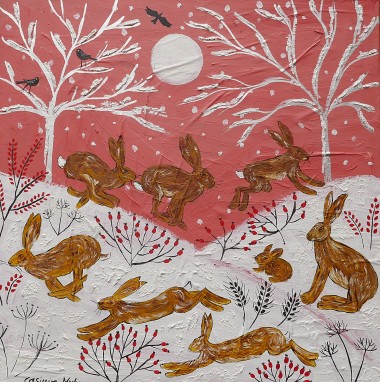 Hares Running in Snow in a Pink Sunset