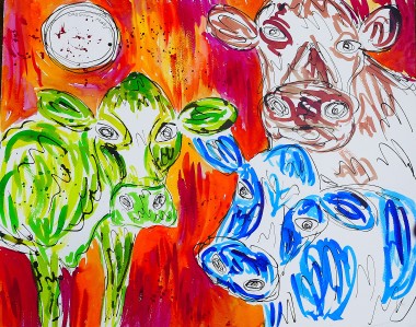Three Colourful  Semi Abstract Cows 