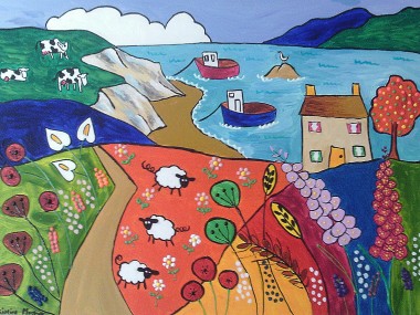 Colourful Seascape with Cows and Sheep