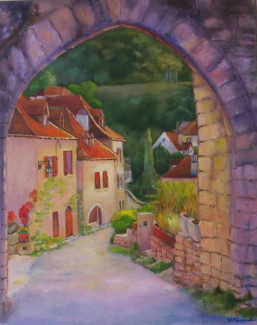 Canvas oil painting of a village in France by Maureen Greenwood