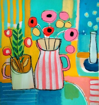 Spring Flowers in a Striped Vase