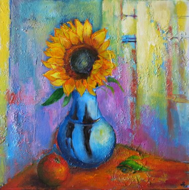 sunflower and blue pot