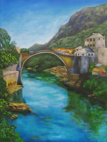 canvas oil painting of Mostar Bridge, Bosnia by Maureen Greenwood