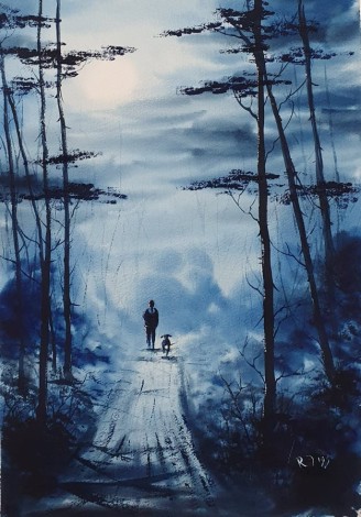 Under The Moon - Original watercolour by Ricky Figg - Walking the dog in the woods