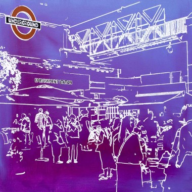 London Underground, painting in purple and white.