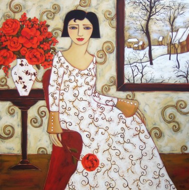 Woman with Winter Landscape and Rose