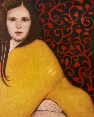 modern portrait of a woman with yellow arabesque